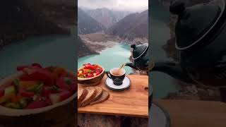 The beautiful scenery of the high mountains and the delicious dish of meat and egg tea #shorts