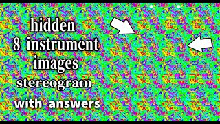 8 hidden music instrument images, with answers, stereogram magic eye pictures