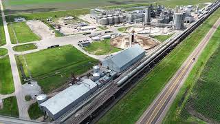 Drone view of a Union Pacific coal train passing through wood river Nebraska.