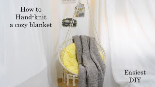 How to hand knit a cozy blanket? | Crochet blanket | Loop yarn | Finger Knit | بطانية كروشيه باليد