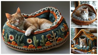 Cute crochet cat bed #crochet (share ideas) #knitted #catbed #design