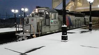 NJ Transit main line to Hoboken leaving Secaucus Junction with GP40 leading, and ALP-45 trailing