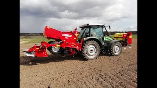 Sadzenie ziemniaków 2021. Deutz Fahr Agrofarm 420 Grimme Gl 32F z blachą formującą ( AGRARADA )