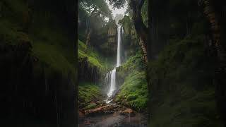 Escape to a mesmerizing AI-generated forest waterfall | #softrainsound