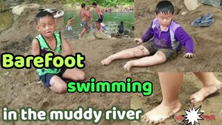 Barefoot swimming in the muddy river / Earthing and grounding movie.