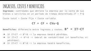 Las fórmulas de ingresos, costes, beneficios y umbral de rentabilidad o punto muerto