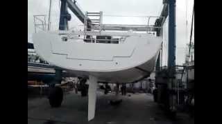 Beneteau 45 Oceanis Being Blocked in the Yard to have fist bottom job done.