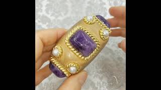 1980's Amethyst, Pearls, 18k Yellow Gold and Wood Bangle Cuff Bracelet, Size 5.75"