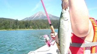 Ivy catches first Rainbow Trout on Fish Lake Orgon