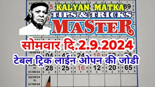 KALYAN MATKA TIPS AND TRICKS MASTER TODAY 2.9.2024 KALYAN TODAY TEBLE TRICK LINE JODI