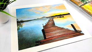 Bamboo Bridge Sunset | Oil Pastel Drawing for Beginners- Step by Step