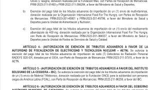 DECRETO SUPREMO N° 4955 - Exención del pago total de los tributos aduaneros de importación a favor..