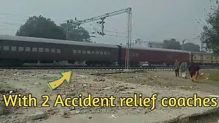 15009 Gomtinagar Express first time with 2 accident relief coaches at Lakhimpur Outer