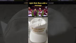 DE Nick Bosa crashed postgame interview to flash his Donald Trump "MAGA" hat.