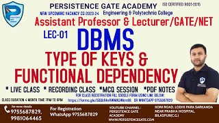 Lec-1 DBMS (Type of keys and Functional Dependency)| Assistance Professor & Lecturer 2023| CSE&IT