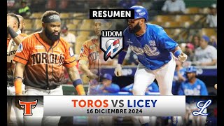 TIGRES DEL LICEY contra TOROS DEL ESTE 16 diciembre 2024 Resumen