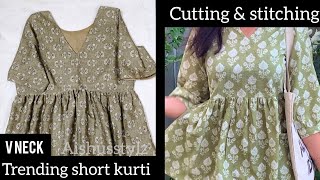 Alia cut V neck gathered short kurti எப்படி stitch பண்ணனும் nu பாக்கலாமா?🎉😱🤯kurta cutting💯#tailoring