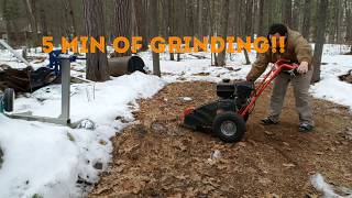 D R Power Equipment stump grinder!   Grinding a almost two-year-old 100% frozen stump and ground!