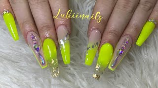 Full Set Acrylic Nails • Neon Coffin Long Nails • Bling