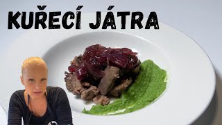 Kuřecí játra s karamelizovanou cibulí a pyré z brokolice.