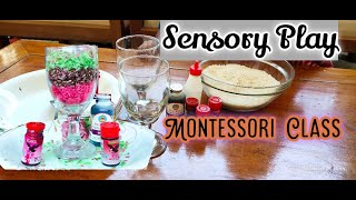 Montessori Class. Rainbow Rice for Sensory Play