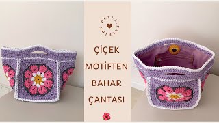 ÖRGÜ ÇİÇEKLİ KARE MOTİFTEN MUHTEŞEM ÇANTA🌺 ÇOK KOLAY BAHAR ÇANTASI